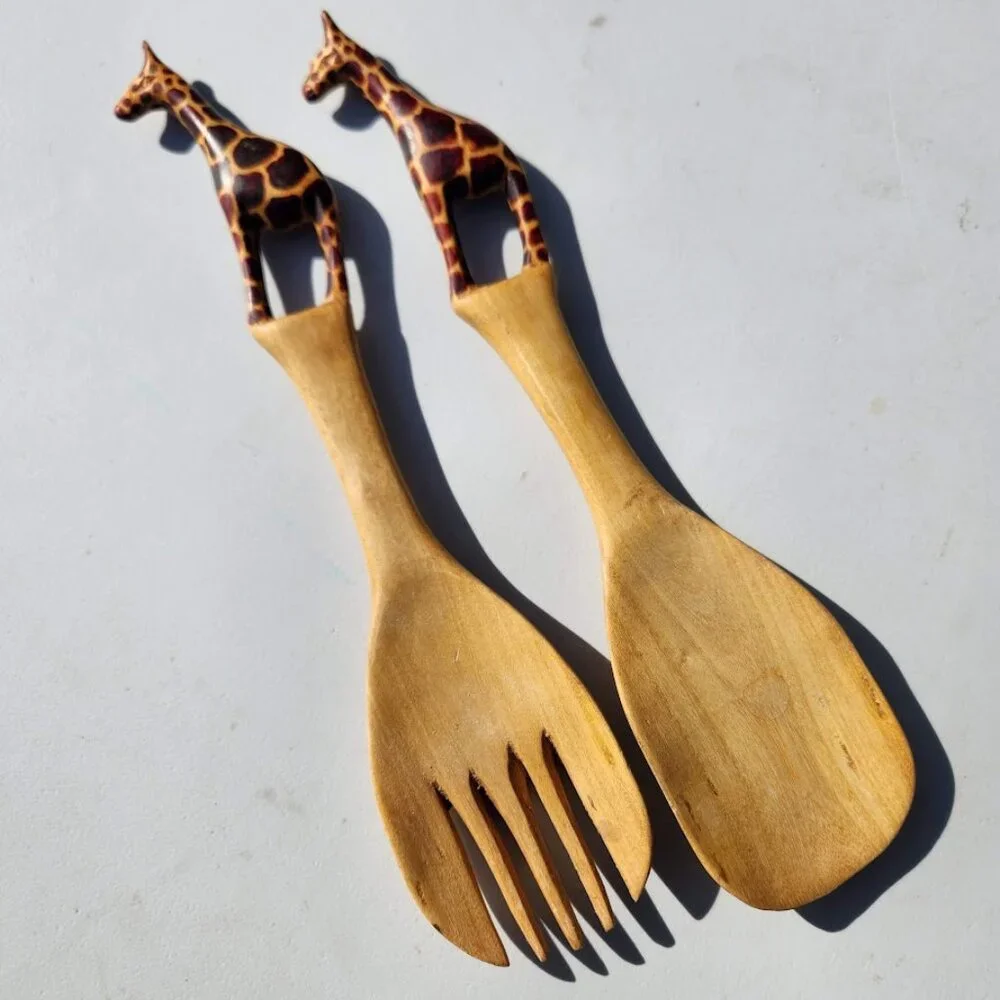 New Hand Carved Wood Giraffe Fork Spoon Serving Set Safari African Folk Art Home